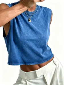 4-Pack Women's Washed Sleeveless Crop Tank Tops, Casual Basic Crew Neck Loose Fit Muscle Tees, Vintage Washed Solid Color Tank Tops, Soft Breathable Summer Sleeveless Tops for Streetwear, Workout, and Daily Wear, Multiple Colors Available.