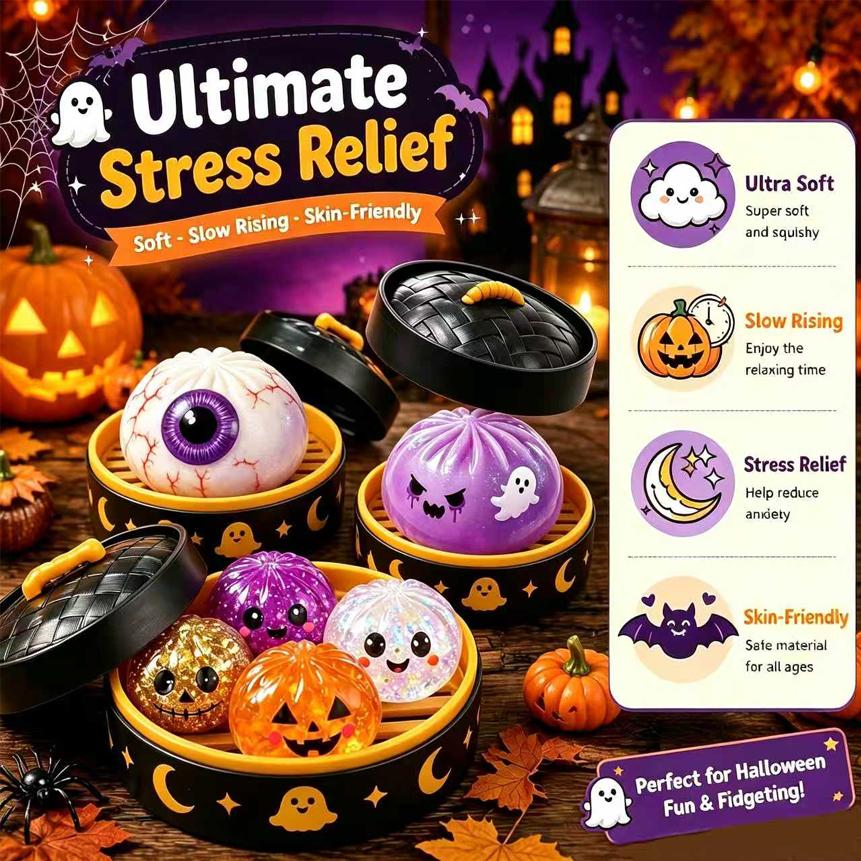 Halloween Ghost Dumpling Glitter Squeeze Toy Set, Spooky Stress Relief Squishy Fidget Toys, Portable Hand Decompression Toy, Halloween Party Favors Trick Treat Bag Fillers Holiday Gifts