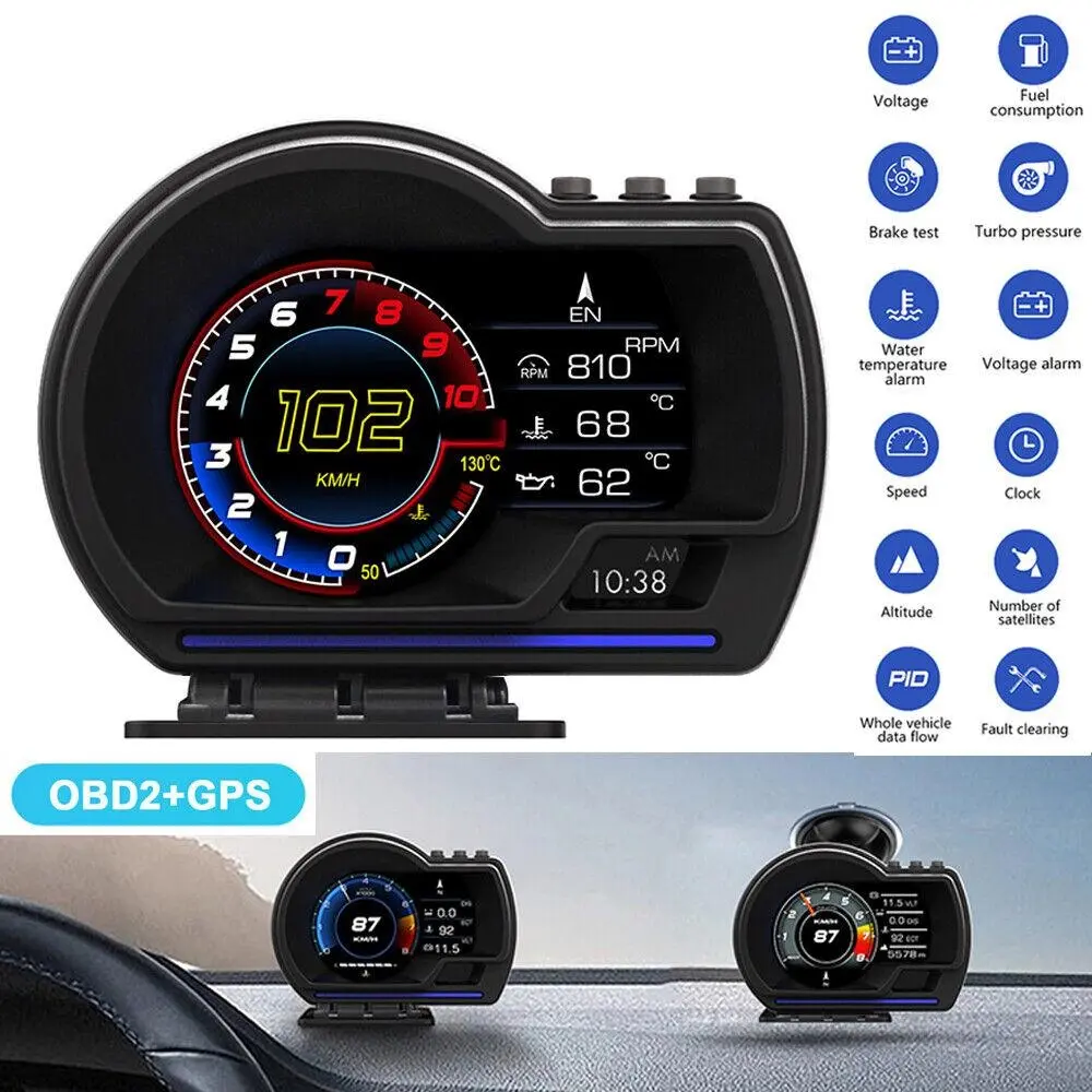 RIMOODY Multifunctional OBD2+GPS Dual-System Car HUD Gauge - Plug-and-Play Head-Up Digital Display with Speed/RPM/Temp, Turbo, Altitude, Temp Alarm, Driving Info, Gasoline Cars Vehicle Accessories, Father's Day Gift