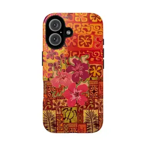 Tropical Hibiscus Floral Phone Case, Red Orange Hawaiian Pattern Protective iPhone Cover, Vintage Boho Island Aesthetic Case for iPhone 17 16 15 14 13 12 Pro Max