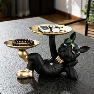 The Charming Bulldog Statue Tray - High-Quality Resin, Two Metal Trays, Rust-Resistant, Perfect for Bedroom, Patio, or Living Area, Ideal Gift for Holidays & Birthdays