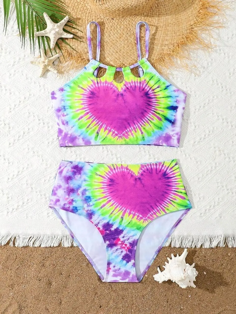 Teen Girls' Heart Tie-Dye Cutout Bikini Set, Trendy Summer Beach & Vacation Swimwear
