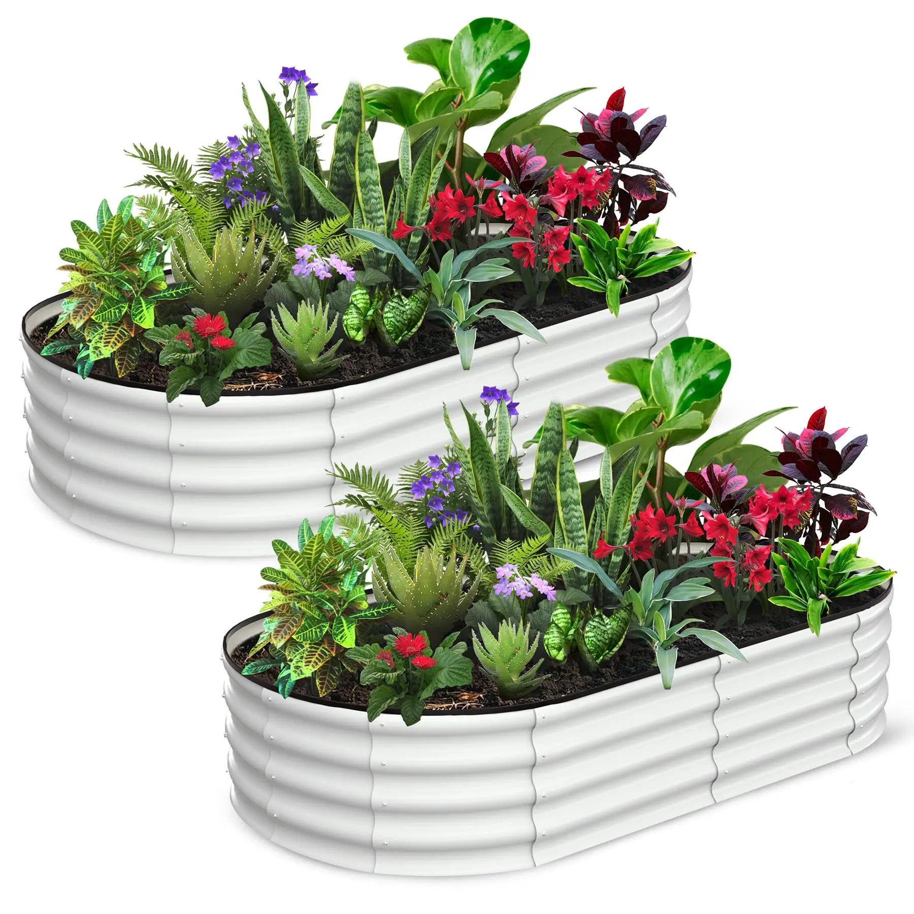 2 Pcs 6x3x1 ft Oval Raised Garden Bed, Galvanized Raised Beds,Open-Ended Base Metal Raised Planter Beds,Planter Raised Boxes for Vegetables,White