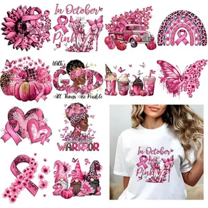 12 Pcs Breast Cancer Awareness Iron on Transfer Ribbon Heat Transfer Stickers Patches Decals Sunflower Butterfly Heart Vinyl Sticker for DIY T-Shirt Pillow Clothes, X8HL84II1A7O