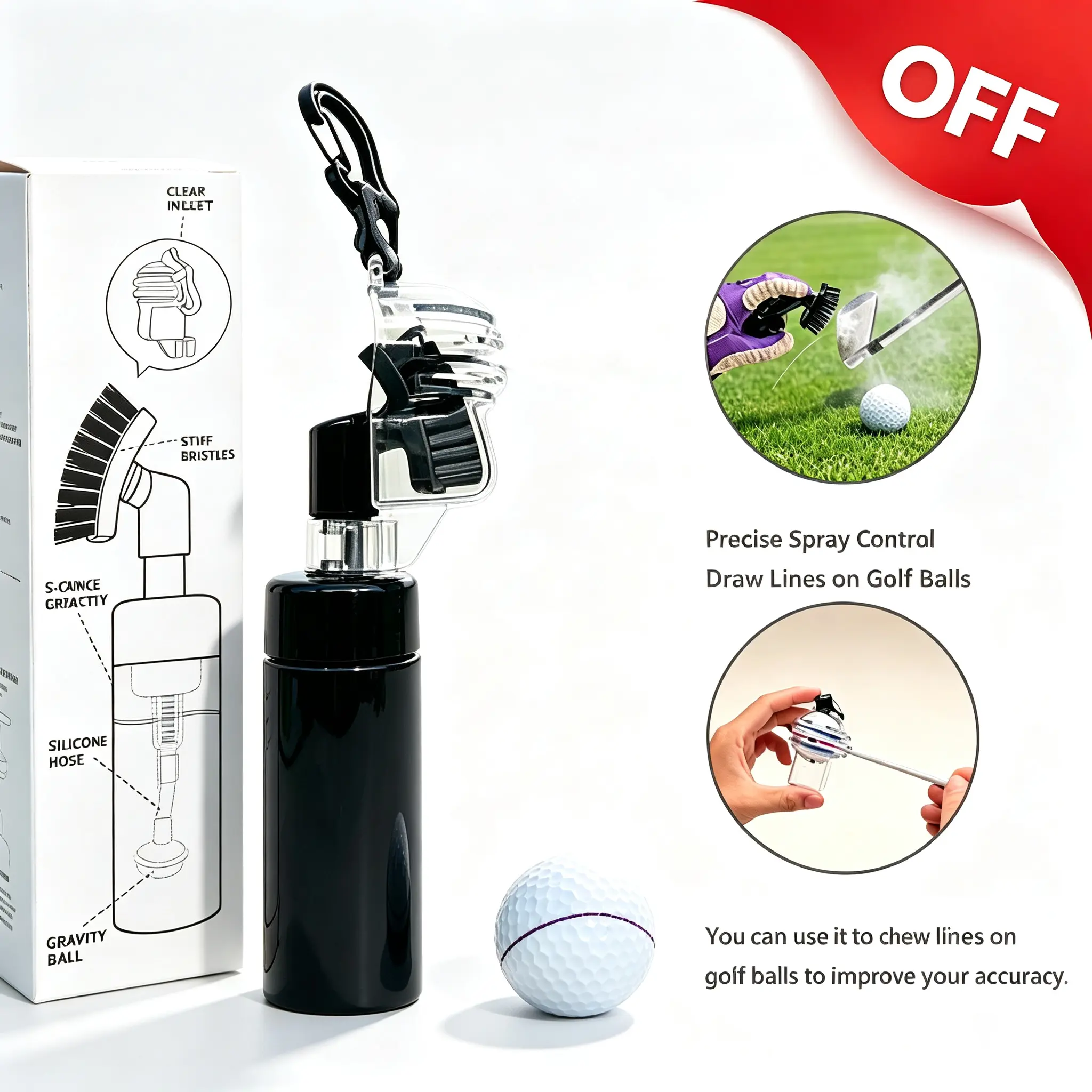 Golf Club Water Brush Cleaner - Black Features a built-in golf ball marker and includes a leather lanyard to prevent loss. Unisex professional golf accessory. The ultimate golf gift for swing enthusiasts! Father's Day gift selection.