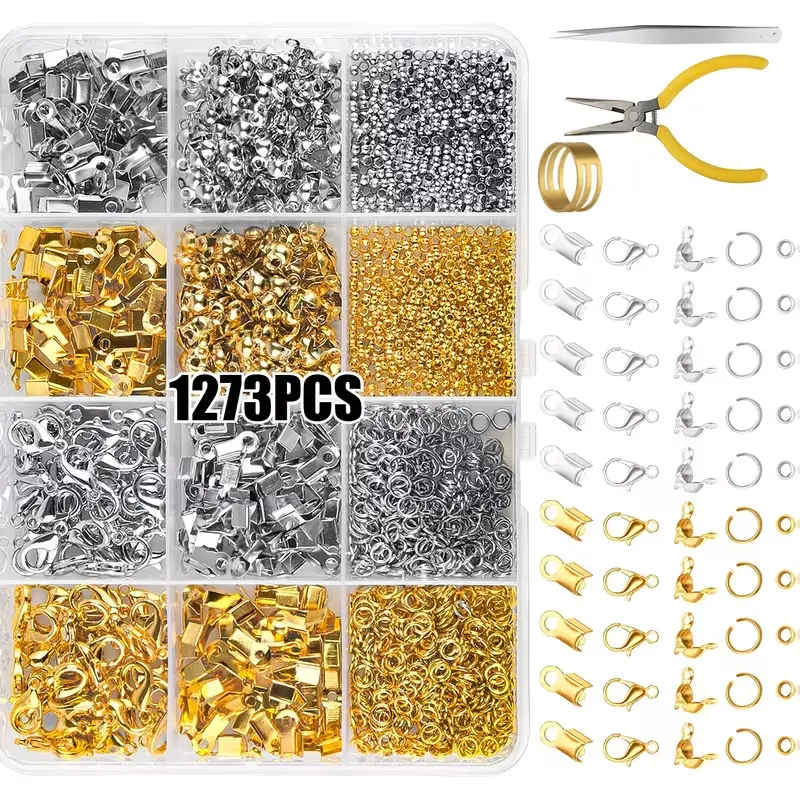 1273Pcs DIY Jewelry Making Bracelet Clasp Kit, Mixed Lobster Wrap Chain Connectors, Crimp Locking Beads, Tweezers Finger Ring Pliers Tools, No Battery Handmade Necklace Bracelet Repair Craft Supplies