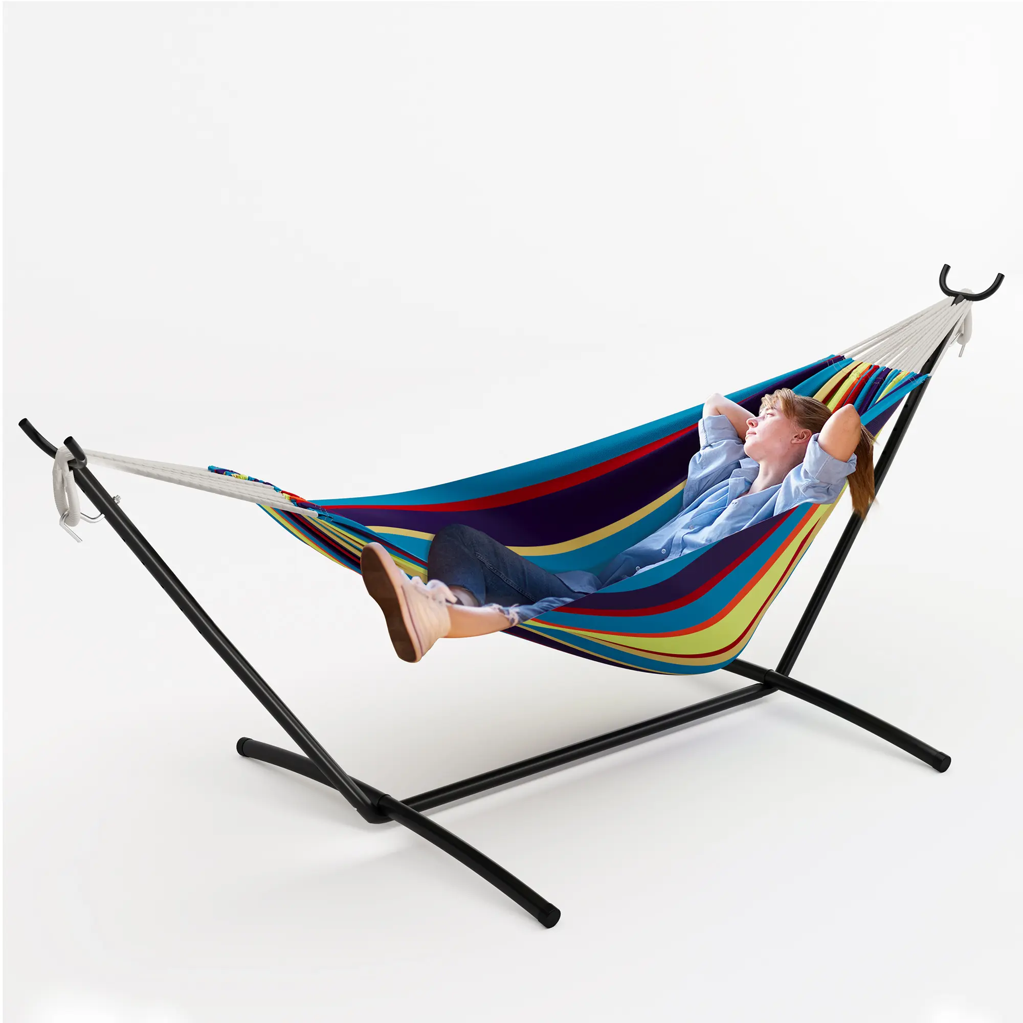Indoor/Outdoor Camping Double 2 Person Hammock With Foldable Steel Stand, Standing Hammock with Carry Bag, 450Lbs Weight Capacity for Garden Beach