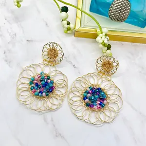 Golden Flower And Bead Earrings, Handmade Gold Plated Wire Earrings