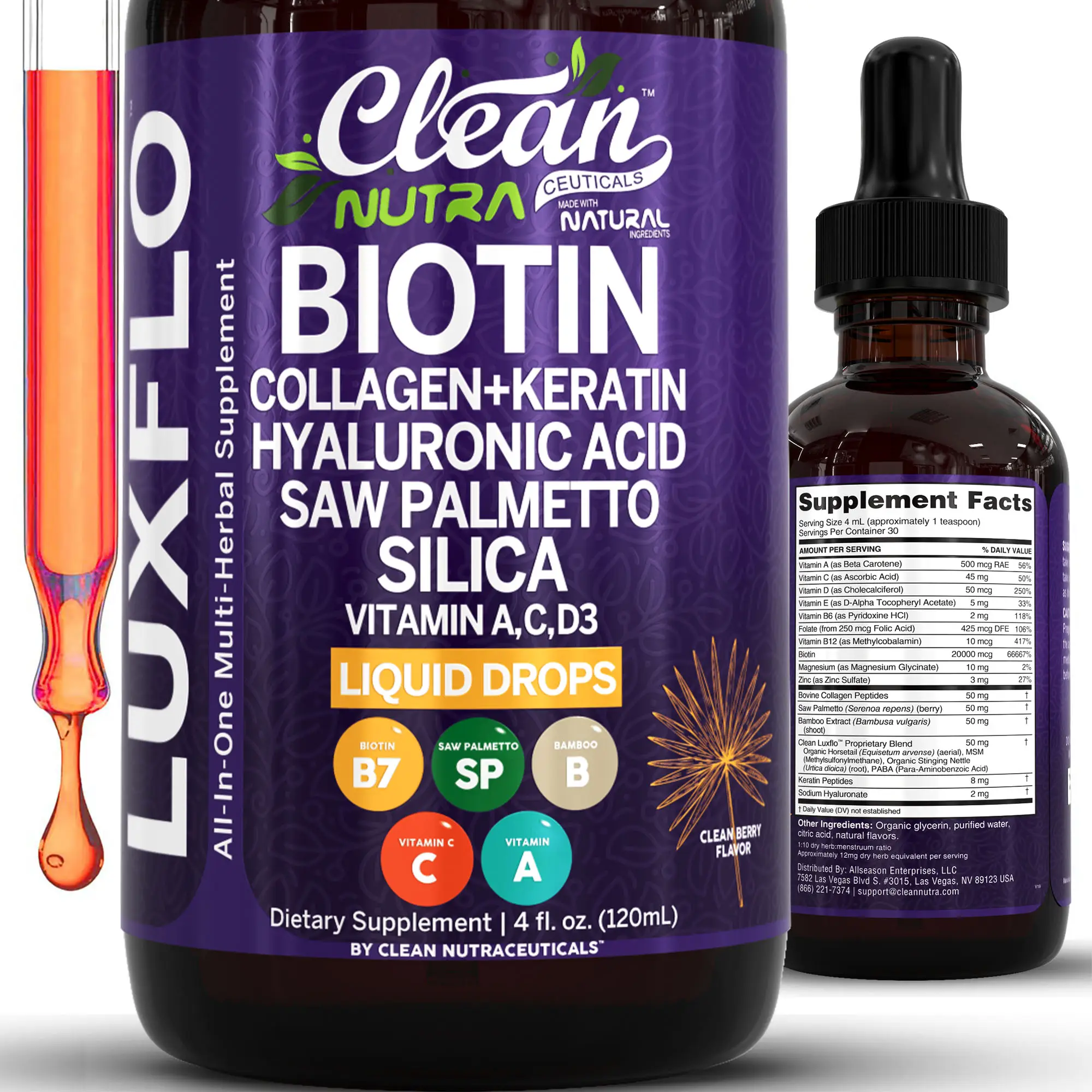 Biotin Liquid Drops Collagen Keratin Hyaluronic Acid Saw Palmetto | Hair Skin and Nails Silica Vitamin A C D3 Bamboo Zinc Folate Magnesium Horsetail F