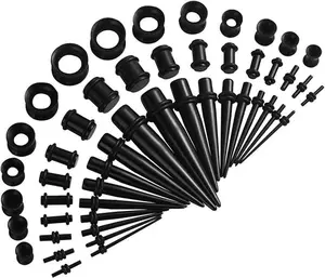 Black Acrylic Ear Stretching Kit Tapers Plugs Silicone Tunnels Gauges Expander 14G-00G  50 Pieces Set