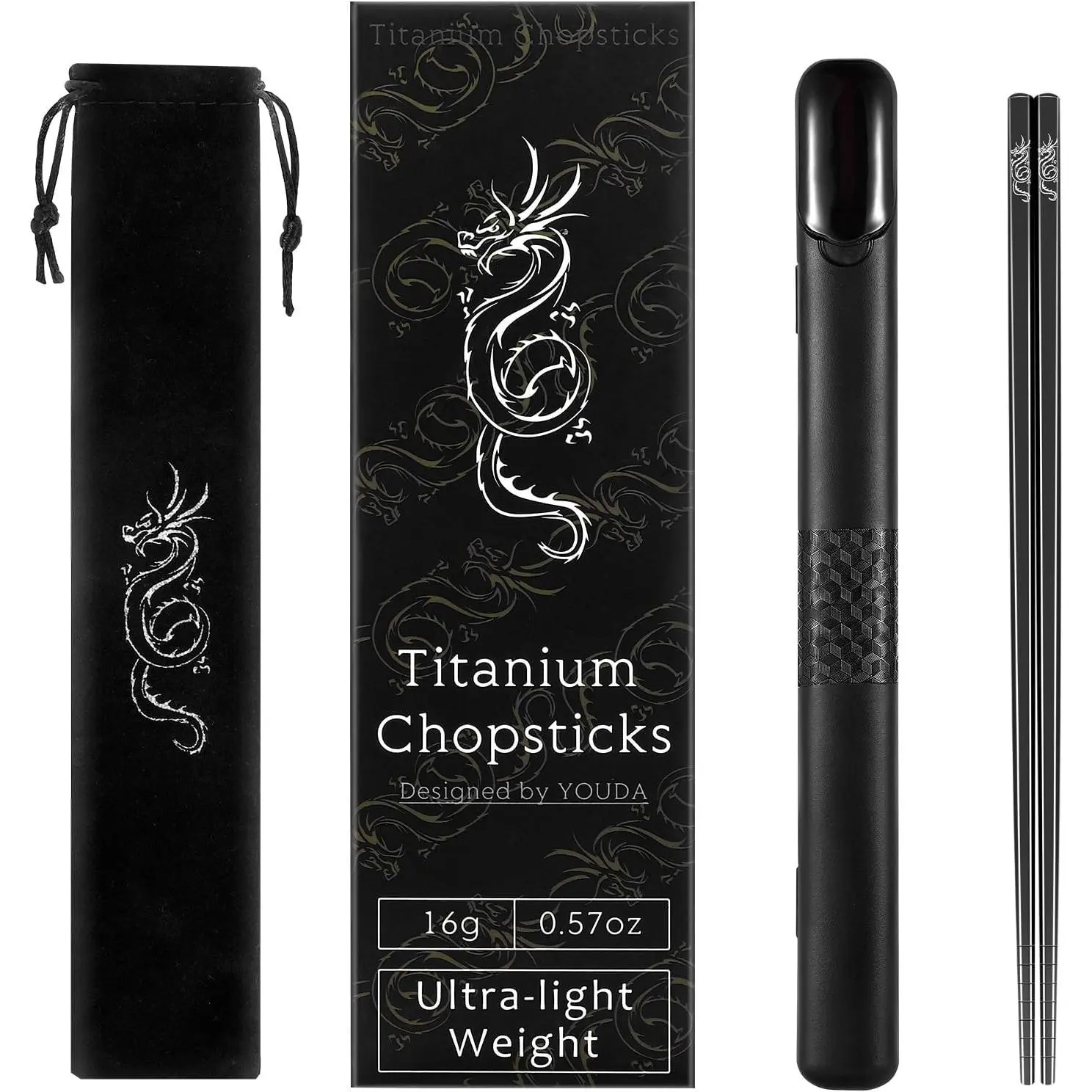 Engraved Titanium Chopsticks Set (1 Pair) with Chinese Dragon Design, Black Portable Cutlery Carrying Case, Dishwasher-Safe, Ultralight Durable Cutlery Tableware Utensils Included for Camping, Home