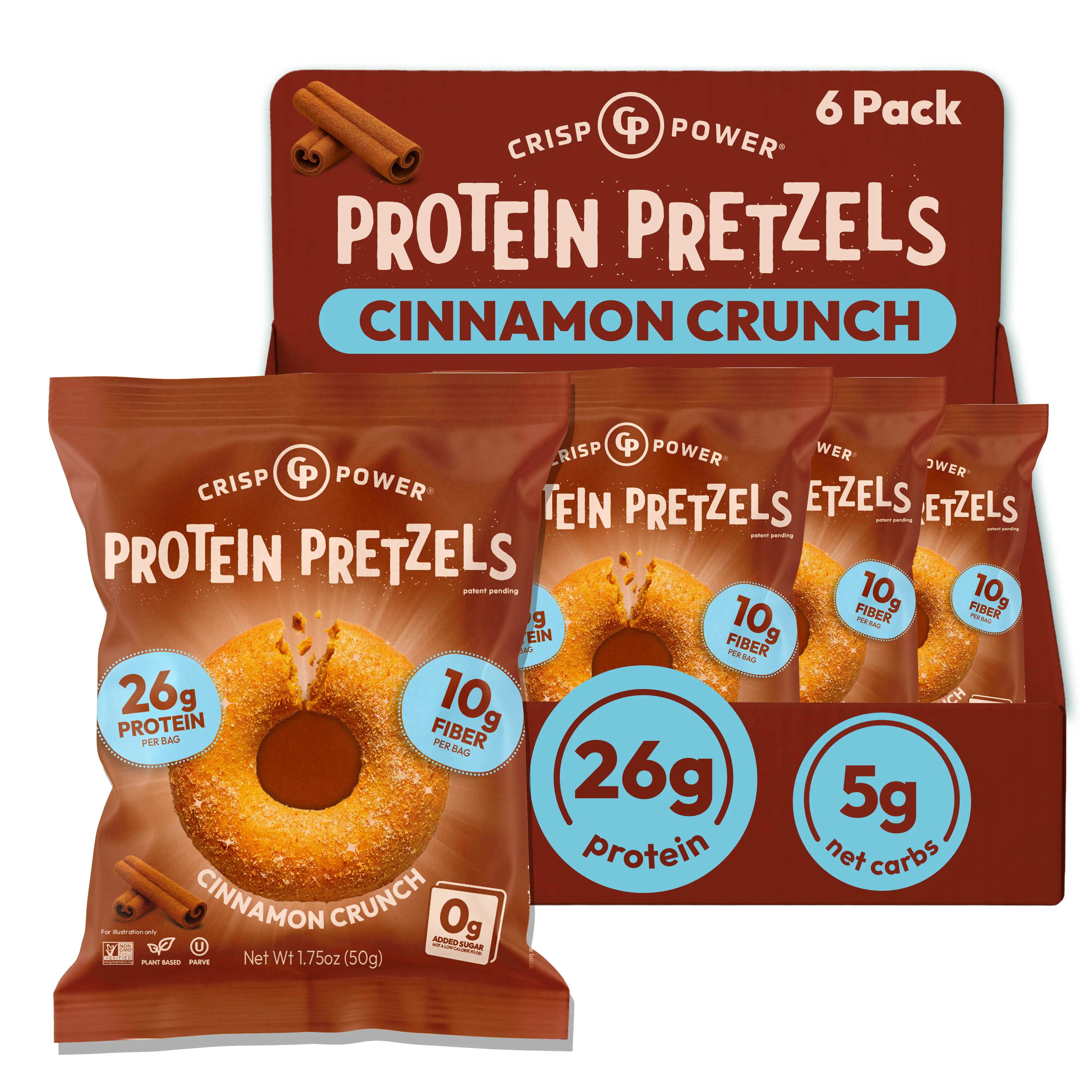 CRISP POWER Protein Pretzels, NEW Cinnamon Crunch, 26G Protein, High Protein, High Fiber, Crunchy Pretzel Snacks, No Added Sugar, 1.75 oz Bags, 6 Pack