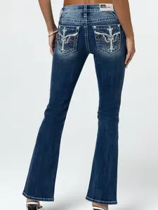 Women's Light Blue Mid-Rise Flared Miss Me Jeans, Americana Bird Wings Embroidered Wing Design, Women's Y2K Denim Jeans Comfortable Wear