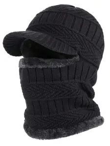 Men's Baseball Cap Scarf Knit Hat Beanie Fitted, Wool Lined, Warm Windproof Hood, Winter Outdoor Cycling Gear, Ski Fleece Face Mask