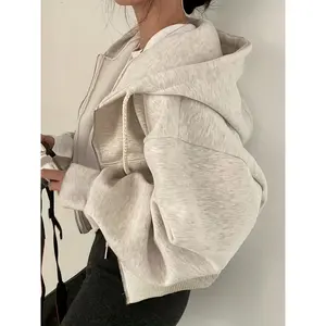 Women's Solid Zip Up Drawstring Hoodie, Long Sleeve Sweatshirt with Pocket Collar Fabric