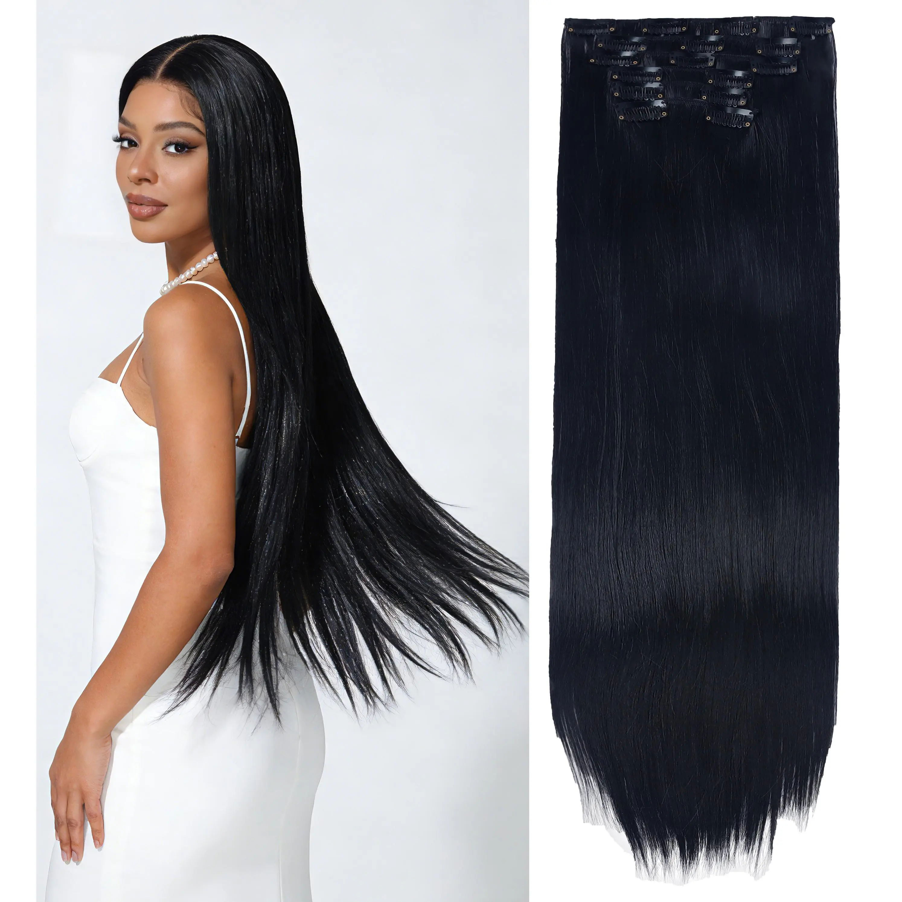 Hair Extension Clip Straight Invisible 24 Inch Long Thick Synthetic Clip in Extensions 6PCS Soft and Beautiful Black Hairpieces Heat Resistant for Women Girls Weddings Party Daily Use full head coverage clip-in extension holiday use Glueless Clip In