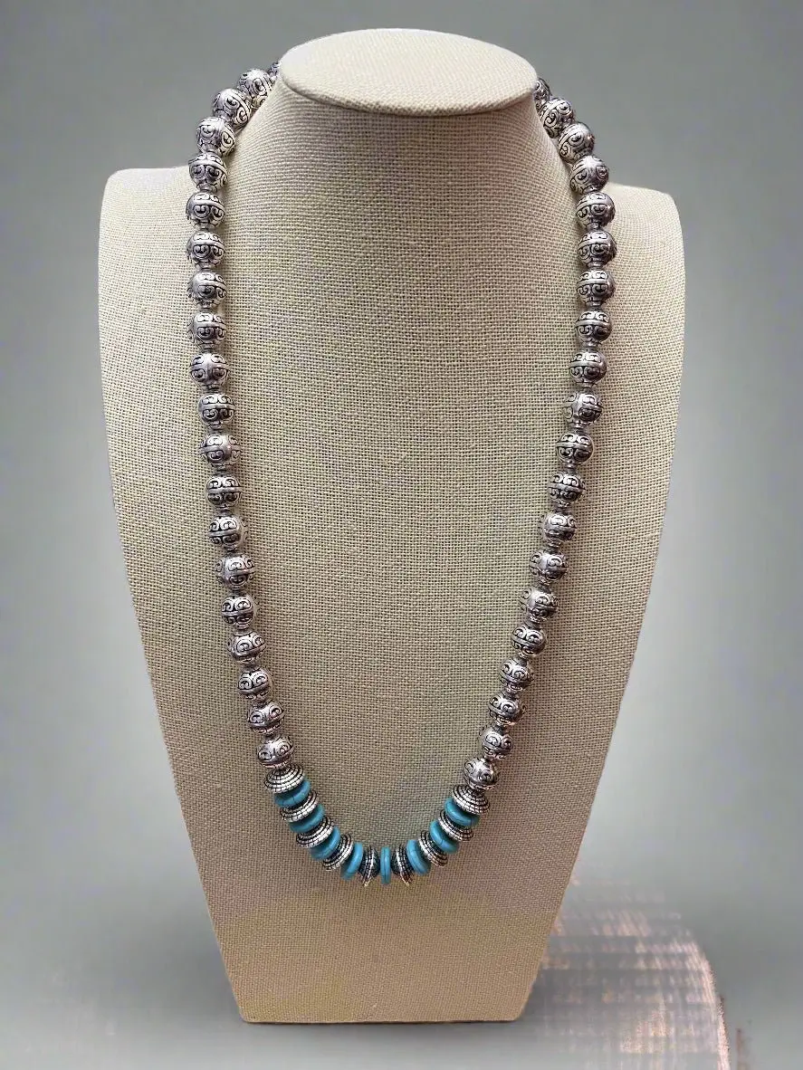Western Faux Stamped Sterling Pearls, Saucers and Turquoise - 24 inch + 3 Adjustable Beaded Design Fashionable Jewelry Accessories