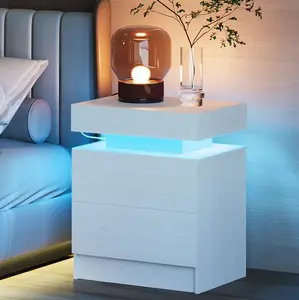 LIKIMIO Night Stand with Charging Station, Modern Nightstand with LED Light and 2 Drawers, Bedside Tables/End Table for Bedroom