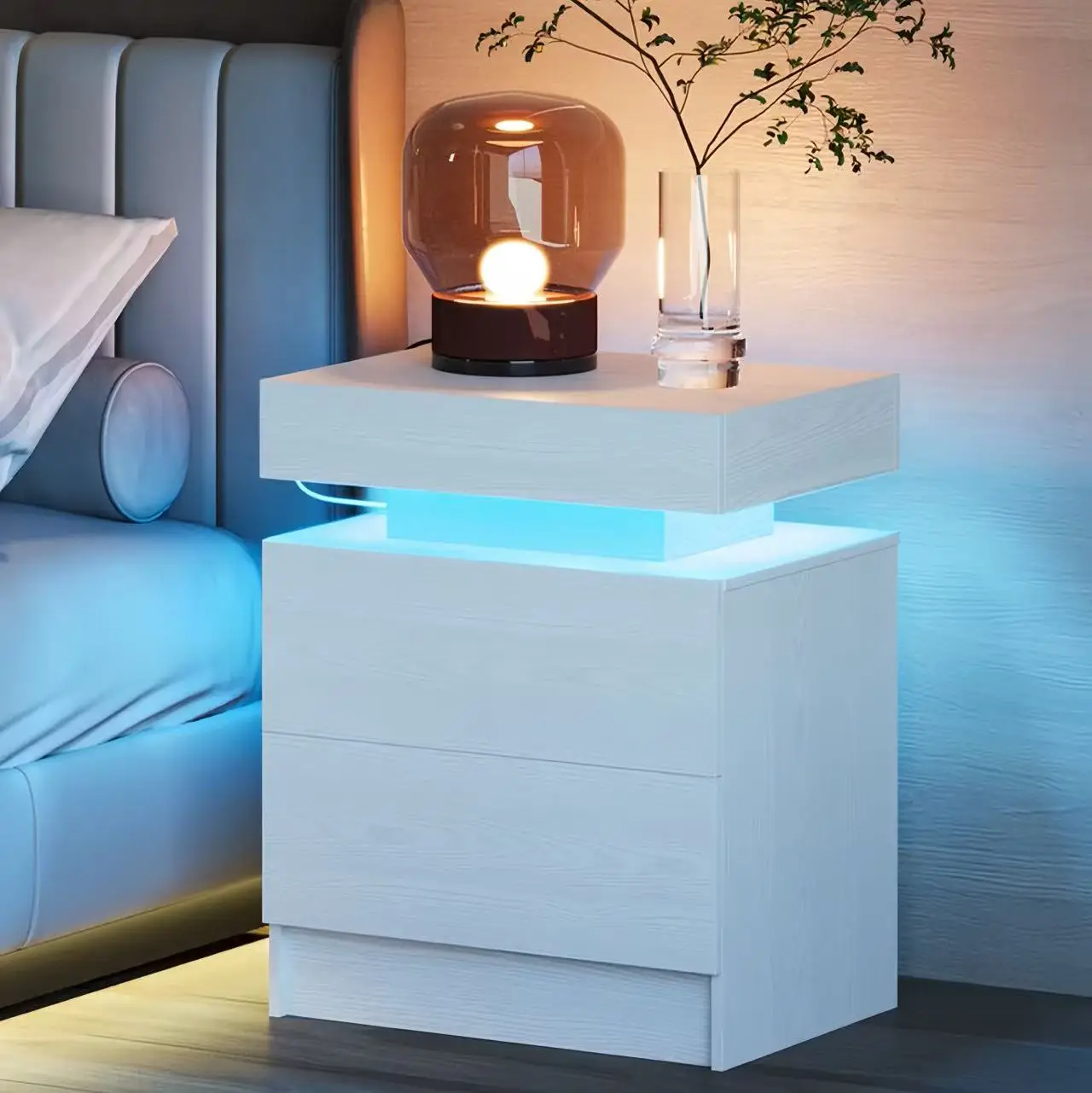LIKIMIO Night Stand with Charging Station, Modern Black Nightstand with LED Light and 2/3 Drawers, Bedside Tables/End Table for Bedroom