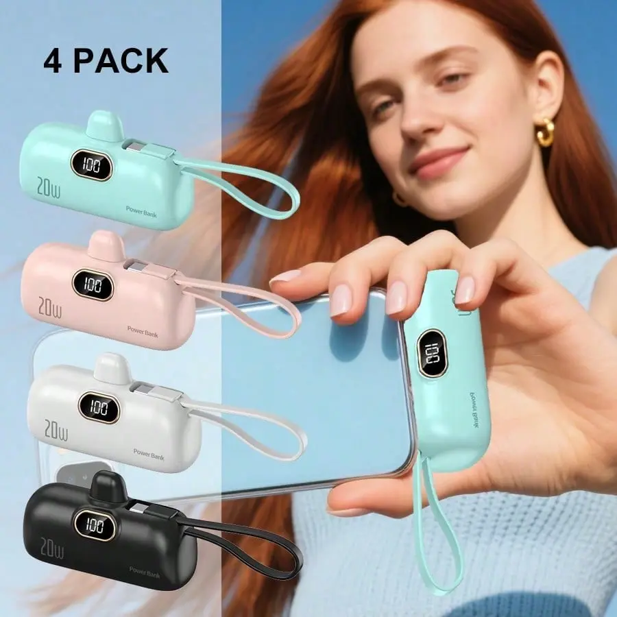 YA YATECH 4PCS Compact 5000mAh Mini Capsule Mobile Power Bank, PD 20W Fast Charging with LED Display, Type-C & Lightning Dual Ports, Cable-Compatible with iOS 6-15 Series Devices, Travel/Camping Emergency Backup, Phone Accessories
