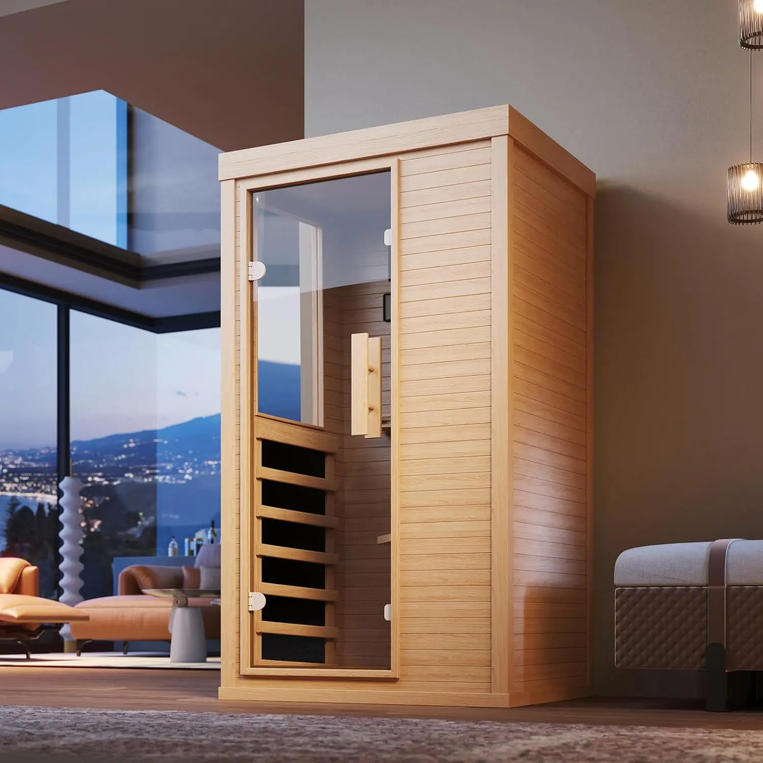Aoxun 1-Person Far Infrared Portable Sauna for Home - Canadian Hemlock Wood Indoor Dry Spa, 850W 120V, Bluetooth Speakers, Control Panel, Half-Glass Design, Wellness & Relaxation Use