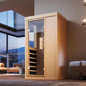 Aoxun Far Infrared Sauna Home 1 Person Canadian Hemlock Wooden Indoor Dry Spa Room 850W 120V with Bluetooth Speakers Control Panel Half Glass Design