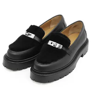 Pre-owned HERMÈS Calfskin Small Leather Goods Moccasin Kelly Buckle Mouton Boa 36½ Leather Loafer