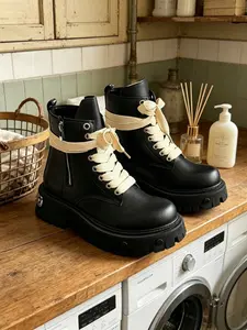 Men's Thick Bottom High Top Casual Boots Leather Upper Thick Bottom Metal Decor Side Zipper Non-Slip Heightening Street Cool Style For Daily Street & Commute Footwear
