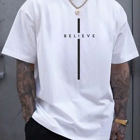 Believe Cross God Jesus Easter Christian Religious Men Women Print T-Shirt Casual Crew Neck Short Sl Vintage Shirts Graphic Tees Men Camisas Para Hombre Funny Shirts Printed & Shipped In USA Men Tops For Summer Streetwear Breathable Stylish Graphic Tee