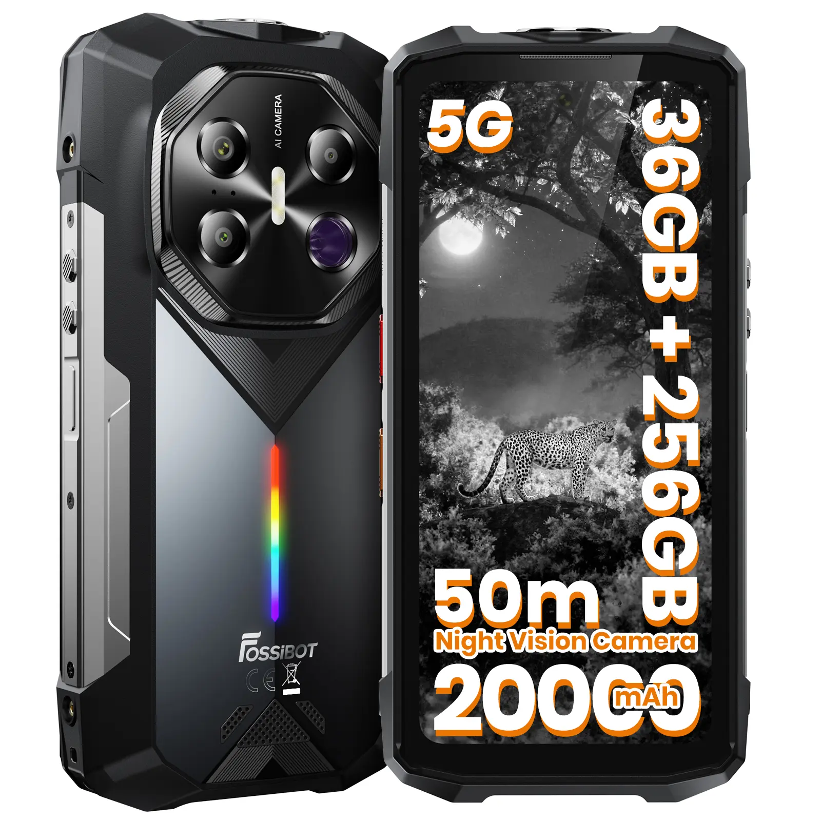 FOSSiBOT F113 with 64MP Long-Range Night Vision Camera, 6.78" 120Hz FHD+, 36GB+256GB, MediaTek Dimensity 7050, 50MP+32MP Cameras, 20000mAh Battery, 50m Strong Flashlight, Colorful Ambient Lighting with Music Rhythm, 5G Rugged Phone, Smartphone, Cellphone