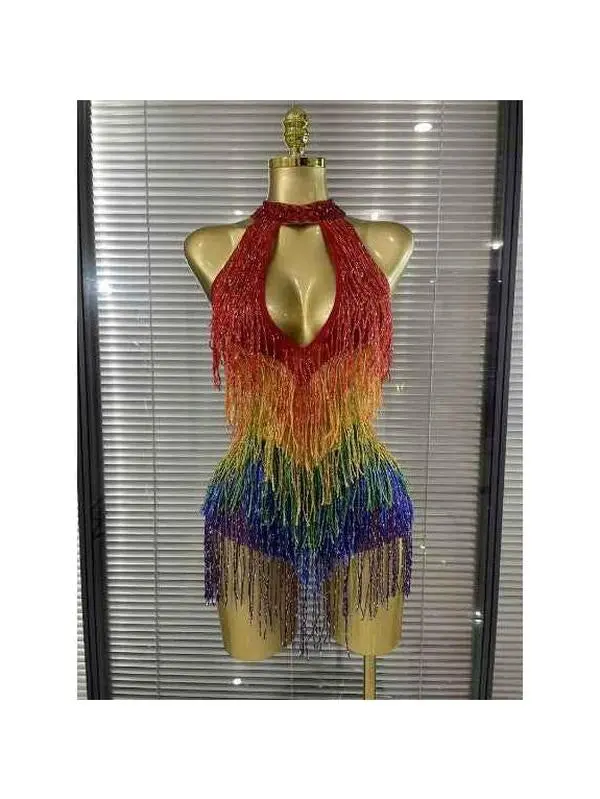 Women's Sarah Polyester Sleeveless Playsuit - Rainbow Sequins, Tassels, Sexy Off-the-Shoulder, Keyholes, Bodycon Mini, Birthday Style, Fashion, Fit, Colorful, Print, Fabric