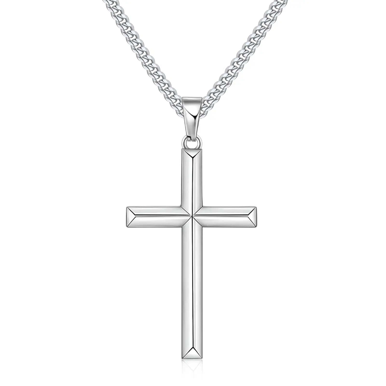 Beveled Edge Cross Necklace for Men & Women Silver Tone 14K Gold Plated Stainless Steel Cuban Chain Hypoallergenic Diamond Cut Pendant 18-26 Inches