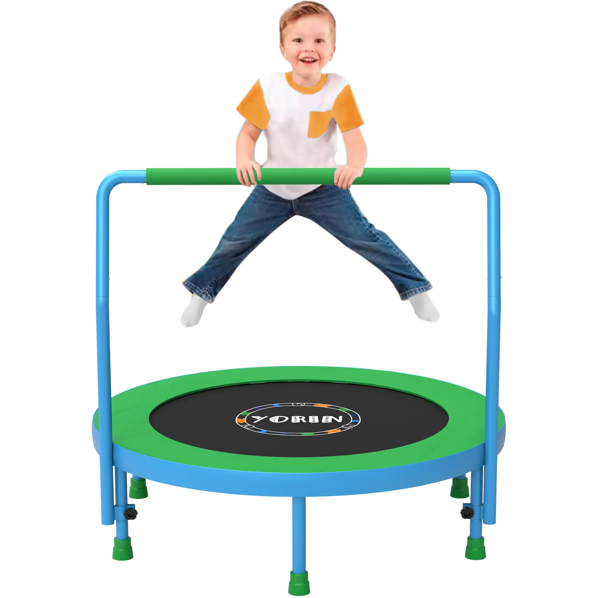 YORIN 36" Reinforced Thickened Foldable Mini Trampoline - Indoor-Outdoor Fitness Equipment with Adjustable Handle, Steel Frame, Elastic Bands, 220LBS Capacity for Toddlers (Ages 1-10), Father's Day Gift, Reinforced Thickened Trampoline