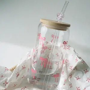 Coquette Cute Pink Bow Glass Cups with Lids and Straws, Aesthetic Iced Coffee Cup, Girly Preppy Design Tumbler Mug French Drinking Glasses Bow Cute Glass Cups, for Tea,Juice,Latte,Milk,Dessert,Stackable Glassware (pink bow) Mugs Glass Colorful
