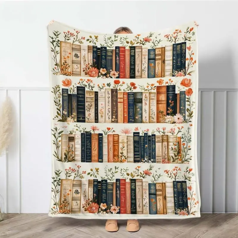 Vintage Floral Bookshelf Printed Flannel Throw Blanket - Soft Warm All Seasons Decorative Blanket for Bedroom/Sofa, Cozy Cottagecore Machine-Washable Throw for Book Lovers, Christmas Gift, All Seasons Blanket