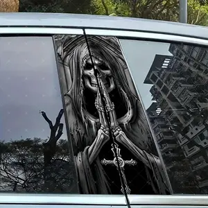 2pc Prayer Skull Car B-Pillar Sticker, Vinyl Decal, Easy Peel & Stick, Sunproof Waterproof Scratch-Resistant, Car Decoration, Premium Skull Stickers, Universal Car Sticker, Vehicle Exterior Decoration, Car Decorative Sticker, Car Decals
