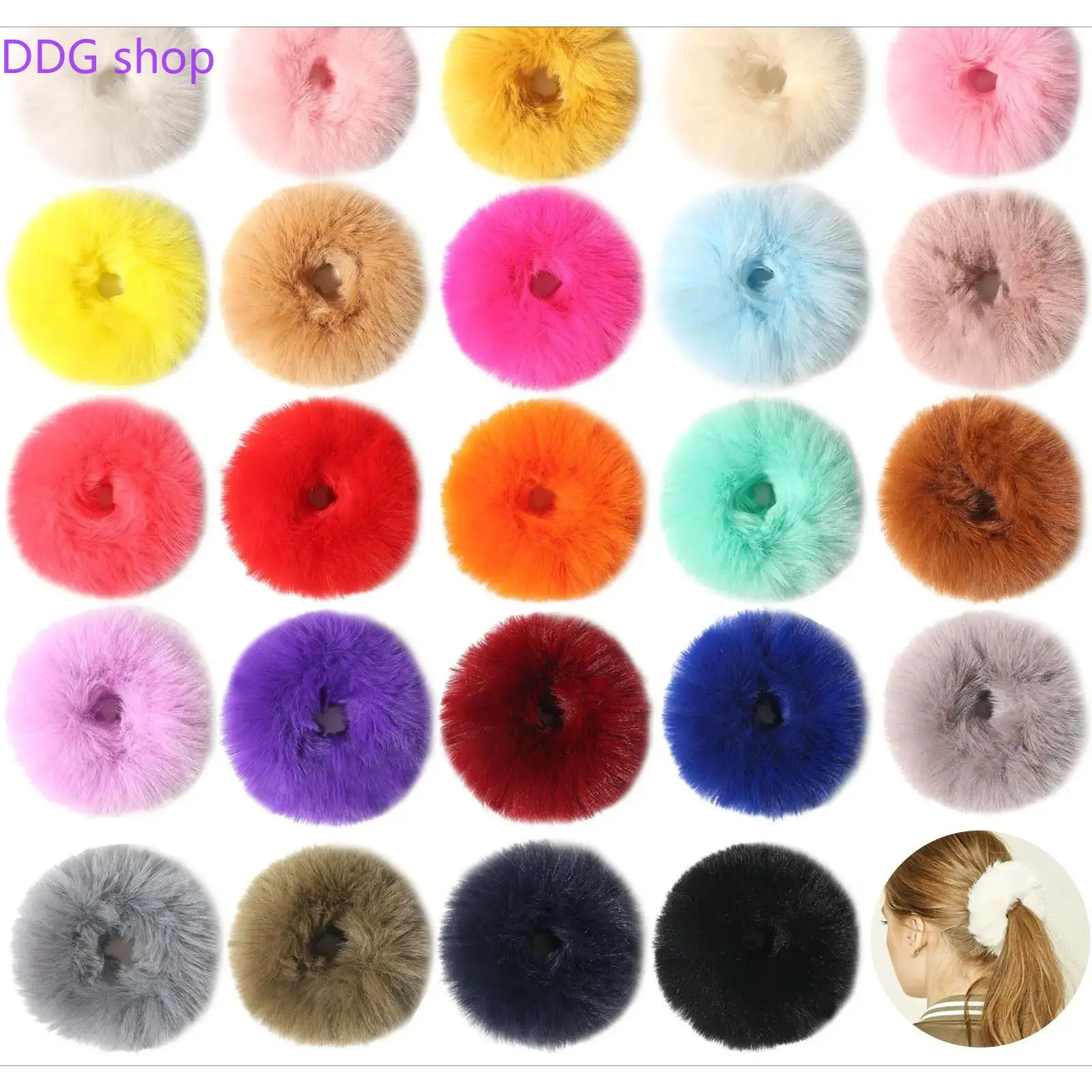 Women's & Children's Candy-Colored Faux Fur Scrunchies, Sports & Outdoor Hair Tie Accessories (Multiple Colors Available)