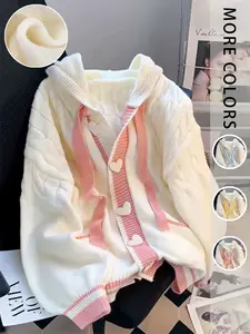 Women's Casual Knit Cardigan, Long Sleeve Hooded Sweater, Patchwork Heart Button Design, Fall Winter Fashion