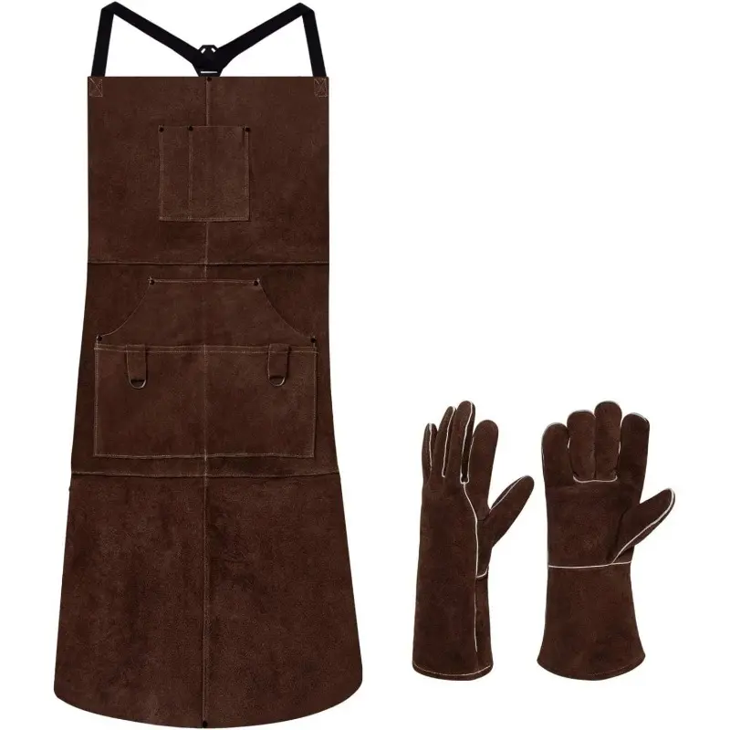 2-Pack Welding Apron & Protective Work Gloves Set, Heavy-Duty Faux Leather Cowhide Heat-Resistant Apron with 6 Pockets, Padded Shoulder Straps, Soft Breathable Extra-Strong Denim Weave for Forging, Construction
