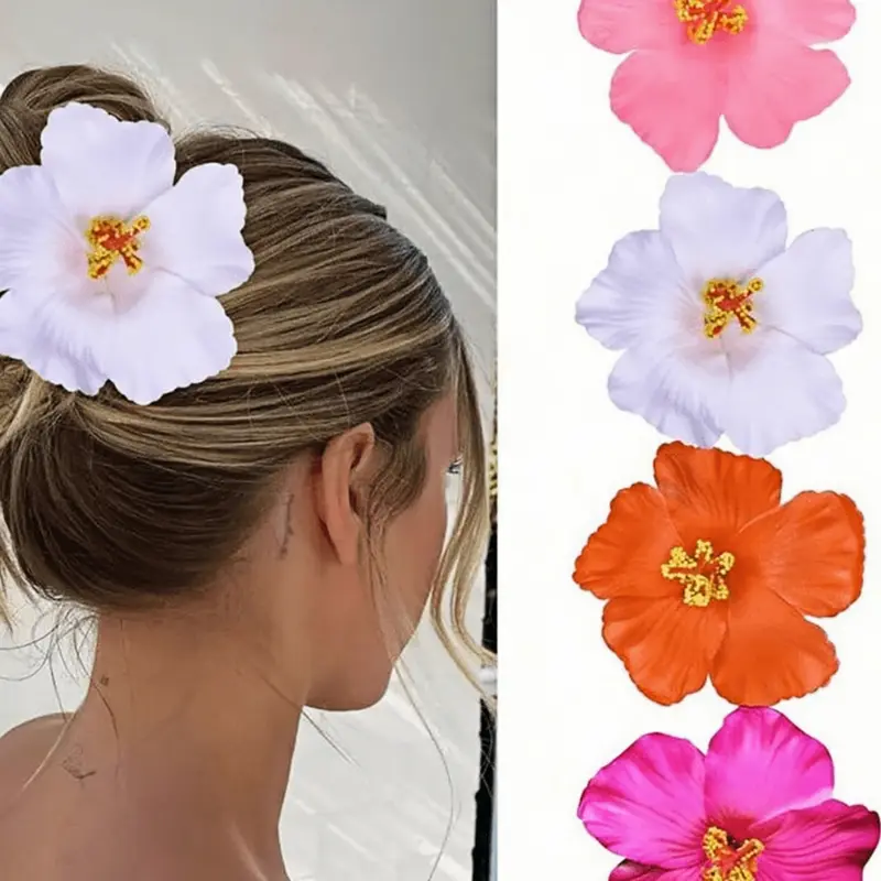 4pcs-Hawaiian-Flower-Hair Clip Set-For-Women-4Pcs-3-5-Inch-Artificial-Flower-Clips-Plumeria-Hibiscus-Hair-Clip-For-Vacation-Beach-Party-Summers-Tropical-Flower-Hair-Accessories-For-Girls-Holiday-Gift-Hairclips-Hair-Decor