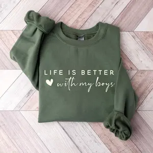 Life Is Better With My Boys Sweatshirt, Cozy Mom of Boys Crewneck Pullover, Cute Boy Mom Gift Idea, Soft Family Quote Sweater for Women, Comfortable Casual Long Sleeve Top for Everyday Wear - AMBER