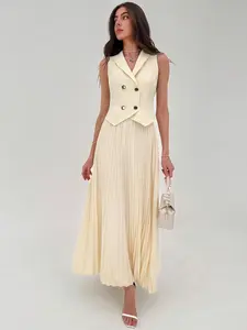 Elegant Sleeveless Blazer Vest & Pleated Maxi Skirt Set, French Commute Style, Chic, Slimming Waist, High-Waisted, Suitable for Work, Dates, Afternoon Tea