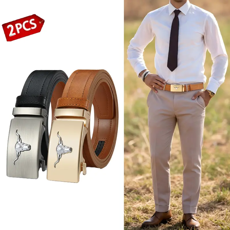 Men's Ratchet Belt 2 Pack, Bull Head Leather Belt for Men, Automatic Buckle Adjustable Casual Business Belt for Jeans Dress Pants