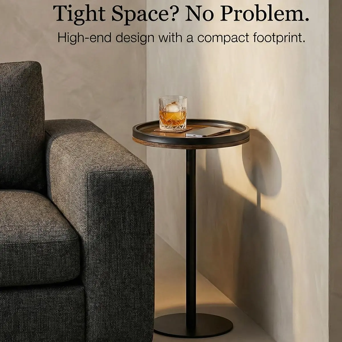 Small Round Side Table,Drink Table with Weighted Base,Industrial Metal & Wood Pedestal End Table with Tray Top, Martini Table for Small Spaces, Living Room, Next to Sofa,24.7" H