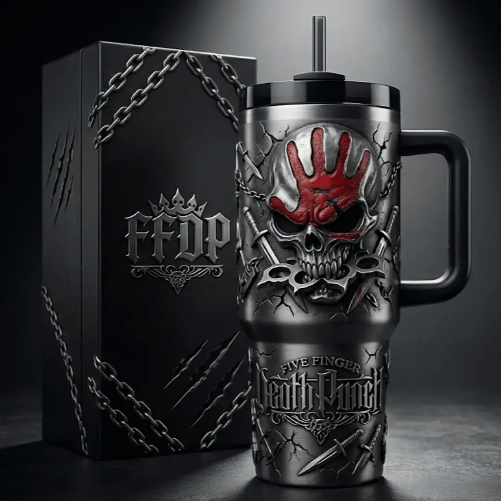 Five Finger Death Punch FFDP 40oz Tumbler With Handle, Premium Vacuum Insulated Stainless Steel Travel Mug, Heavy Metal Band Collector Gift