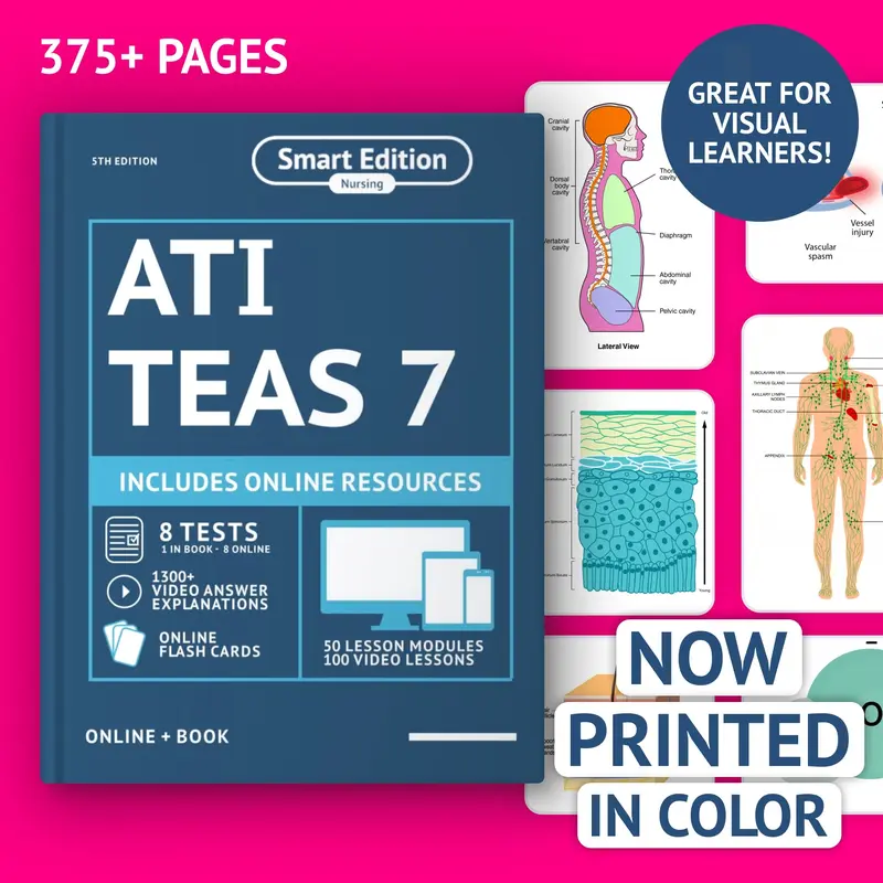 Smart Edition ATI TEAS 7 Nursing Prep Exam Review Book - Color-Printed Learning Book, 8 Realistic Practice Tests, 50 Lessons Per Topic, English Soft Cover, Easy-Understand Online Resources, Organized Study Schedule, Visual Prep Materials