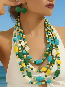 Handmade Ocean Wind Multi-Layer Multicolor Irregular Wood Beaded Necklace Earrings Set, 2 Piece Handcrafted Trendy Fashionable Jewelry Set for Women