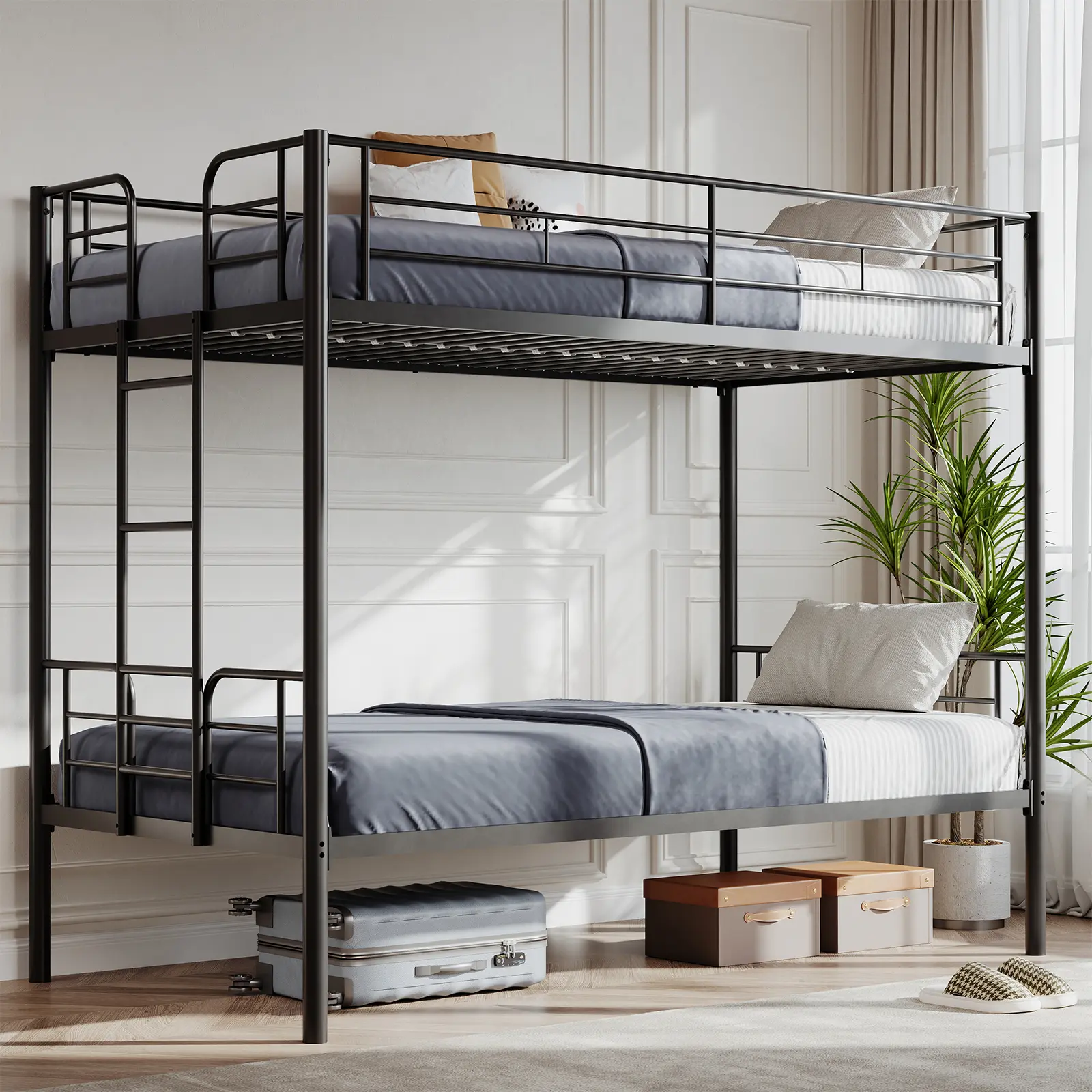 Twin Over Twin Metal Bunk Bed with Stairs & Safety Guardrails, Heavy-Duty Steel Frame, No Box Spring Needed, Space-Saving Bunk Beds Floor Bunk Bed
