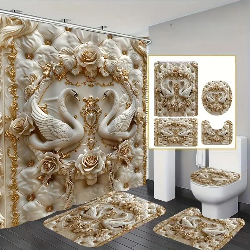 71" x 71" Modern Polyester Removable  Shower Curtain Set (4-Piece Plastic) - Elegant Ghost Master Golden Cube Swan Love Print, 12 Hooks, Non-Slip Bath Mat, U-Shape Toilet Mat, Toilet Seat Cushion, Bathroom Decoration, Halloween Gift