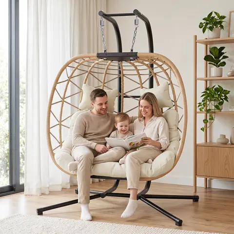RIWENGO Egg Swing Chair with Stand- 350/700 lbs Weight Capacity, Outdoor Indoor Wicker Rattan Hanging Egg Chair with Cushion, Porch Swing Patio Furniture